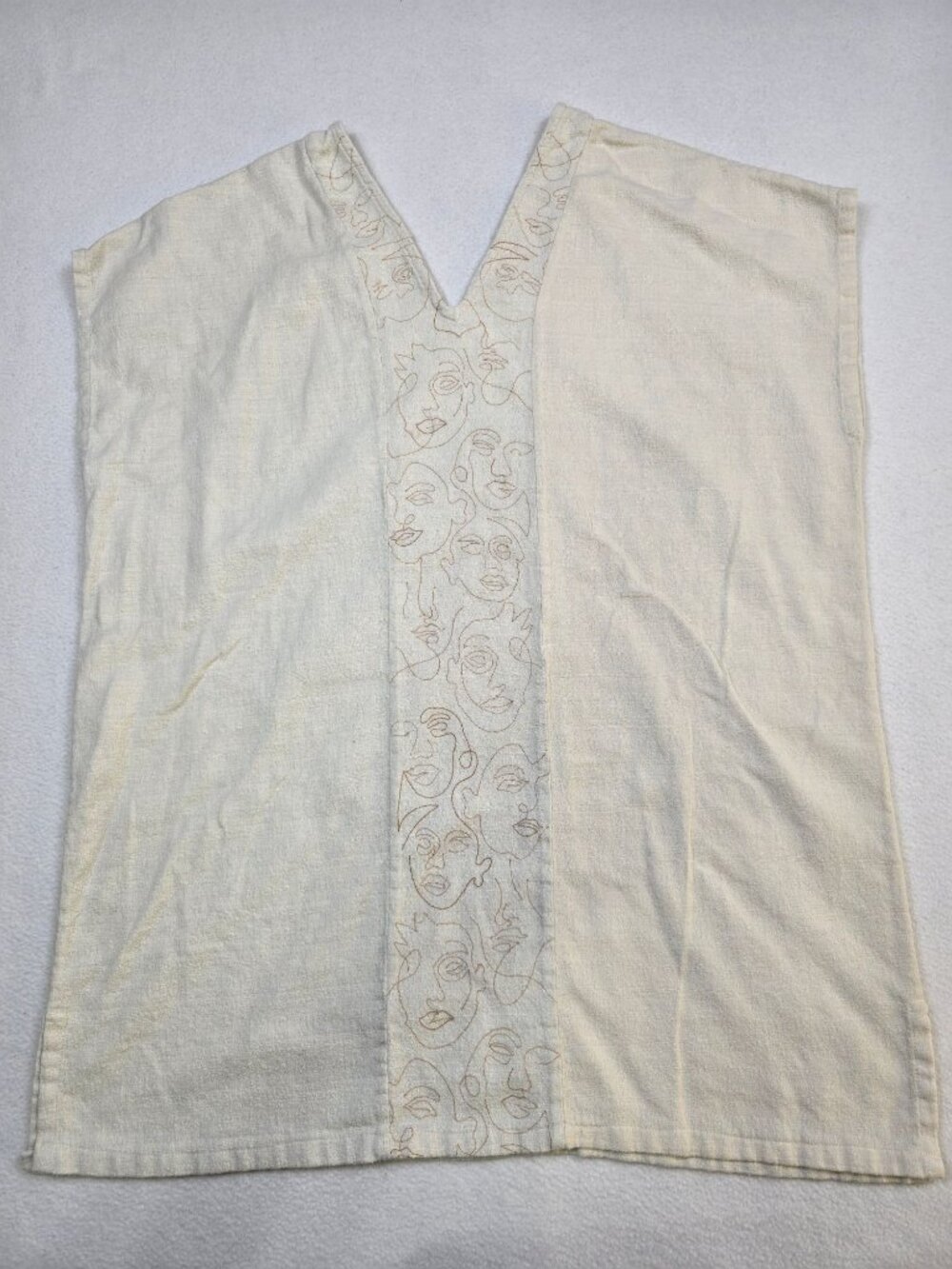 World Market Beige Cotton V-Neck Tunic With Embroidered Face Design OS